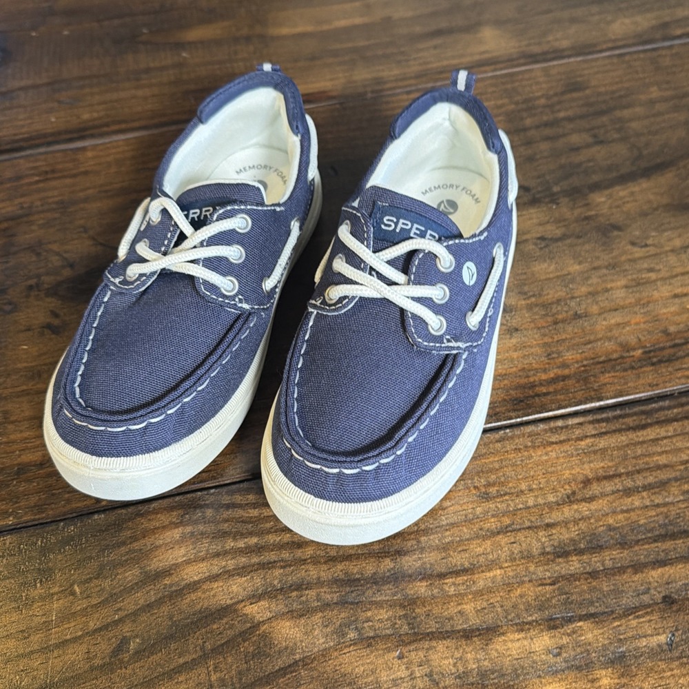Sperry Kids Boys Boat Shoes Size 13 Navy Blue White Lace Memory Foam Casual